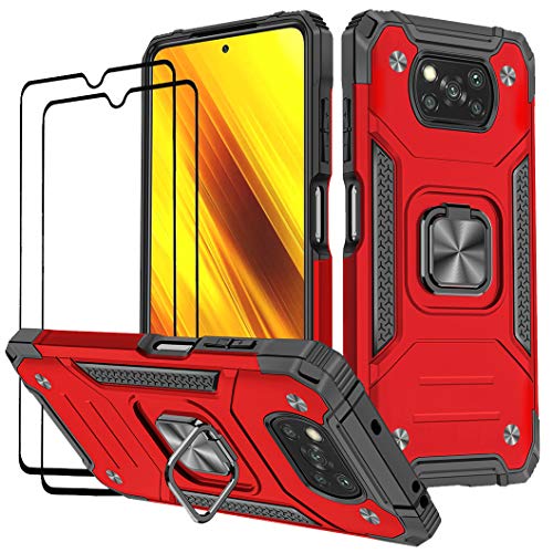 KANSi Hülle kompatibel für Xiaomi Poco X3 NFC/Poco X3 Pro, Schutzfolie [2 Stück] Silikon TPU Hart PC Handy Hüllen 360 Grad Drehbar Ringhalter Bumper Stoßdämpfung Schutzhülle - Rote von KANSi