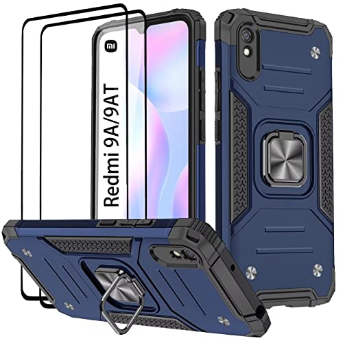 KANSi Hülle kompatibel für Xiaomi Redmi 9A / 9AT, Schutzfolie [2 Stück] Silikon TPU Hart PC Handy Hüllen 360 Grad Drehbar Ringhalter Bumper Stoßdämpfung Schutzhülle - Blau von KANSi