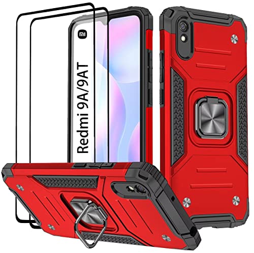 KANSi Hülle kompatibel für Xiaomi Redmi 9A / 9AT, Schutzfolie [2 Stück] Silikon TPU Hart PC Handy Hüllen 360 Grad Drehbar Ringhalter Bumper Stoßdämpfung Schutzhülle - Rote von KANSi