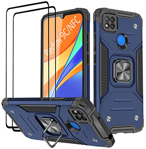 KANSi Hülle kompatibel für Xiaomi Redmi 9C NFC/Redmi 9C, Schutzfolie [2 Stück] Silikon TPU Hart PC Handy Hüllen 360 Grad Drehbar Ringhalter Bumper Stoßdämpfung Schutzhülle - Blau von KANSi