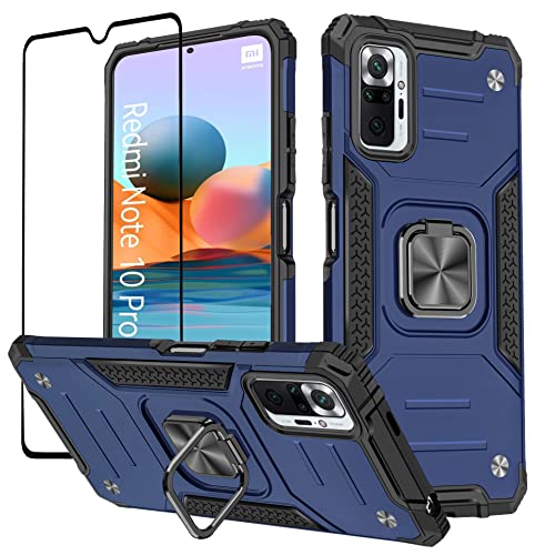 KANSi Hülle kompatibel für Xiaomi Redmi Note 10 Pro, Schutzfolie + Silikon TPU Hart PC Handy Hüllen 360 Grad Drehbar Ringhalter Bumper Stoßdämpfung Schutzhülle - Blau von KANSi