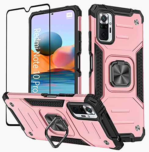 KANSi Hülle kompatibel für Xiaomi Redmi Note 10 Pro, Schutzfolie + Silikon TPU Hart PC Handy Hüllen 360 Grad Drehbar Ringhalter Bumper Stoßdämpfung Schutzhülle - Rosé Gold von KANSi