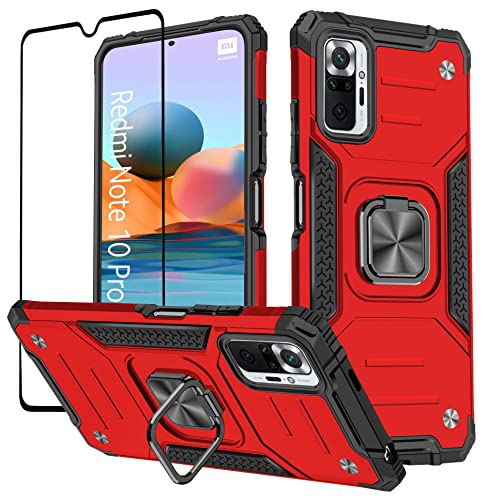 KANSi Hülle kompatibel für Xiaomi Redmi Note 10 Pro, Schutzfolie + Silikon TPU Hart PC Handy Hüllen 360 Grad Drehbar Ringhalter Bumper Stoßdämpfung Schutzhülle - Rote von KANSi