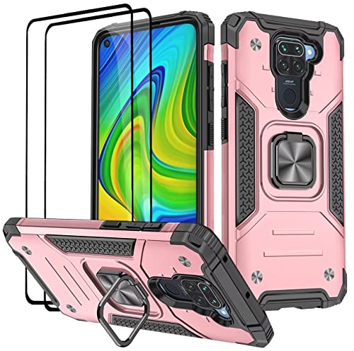 KANSi Hülle kompatibel für Xiaomi Redmi Note 9, Schutzfolie [2 Stück] Silikon TPU Hart PC Handy Hüllen 360 Grad Drehbar Ringhalter Bumper Stoßdämpfung Schutzhülle - Rosé Gold von KANSi