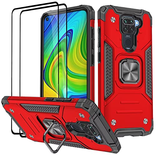 KANSi Hülle kompatibel für Xiaomi Redmi Note 9, Schutzfolie [2 Stück] Silikon TPU Hart PC Handy Hüllen 360 Grad Drehbar Ringhalter Bumper Stoßdämpfung Schutzhülle für Xiaomi Redmi Note 9 - Rote von KANSi