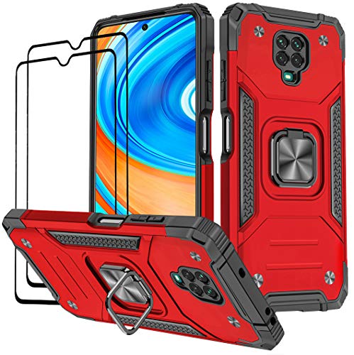 KANSi Hülle kompatibel für Xiaomi Redmi Note 9 Pro/Redmi Note 9S, Schutzfolie [2 Stück] Silikon TPU Hart PC Handy Hüllen 360 Grad Drehbar Ringhalter Bumper Stoßdämpfung Schutzhülle - Rote von KANSi