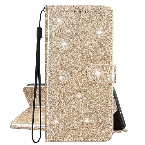 KANTUSIN Handyhülle für Motorola Moto G84 5G Gold Glitzer Hülle PU Leder Flip Brieftasche Case mit Kartenfach Standfunktion Magnetverschluss Tasche Handy Cover von KANTUSIN