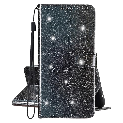 KANTUSIN Handyhülle für Motorola Moto G9 / G9 Play Schwarz Glitzer Hülle PU Leder Flip Brieftasche Case mit Kartenfach Standfunktion Magnetverschluss Tasche Handy Cover von KANTUSIN