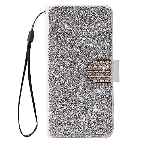 KANTUSIN Handyhülle für Samsung Galaxy A34 5G Glitzer Silber Weiss Bling Diamant Hülle PU Leder Flip Brieftasche Case mit Kartenfach Standfunktion Magnetverschluss Tasche Handy Cover von KANTUSIN