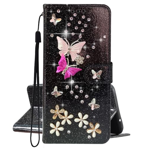 KANTUSIN Handyhülle für iPhone 15 Pro Schwarz Glitzer Schmetterling Blume Hülle PU Leder Flip Brieftasche Case mit Kartenfach Standfunktion Magnetverschluss Tasche Handy Cover von KANTUSIN