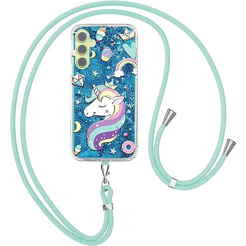 KANTUSIN Handykette Hülle für Samsung Galaxy A14 Weich Silikon Blau Flüssiger Glitzer Treibsand Necklace Schutzhülle Handyhülle mit Band Bumper Cover mit Kordel Einhorn von KANTUSIN