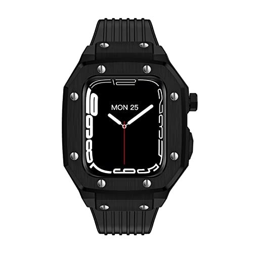 KANUZ Für Apple Watch Band Serie 7 Legierung Uhrengehäuse für iWatch Serie 7 6 5 4 SE Abdeckung 44 mm 42 mm 45 mm Luxus Metall Gummi Edelstahl Uhrenzubehör (Farbe: Preto, Größe: 42 mm) von KANUZ