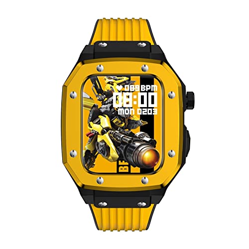 KANUZ Für Apple Watch Band Serie 8 Legierung Uhrengehäuse 44 mm 42 mm 45 mm Luxus Metall Gummi Edelstahl Uhrenzubehör für iWatch Serie 7 6 5 4 SE Abdeckung (Farbe: Gelb Schwarz, Größe: 45 mm) von KANUZ
