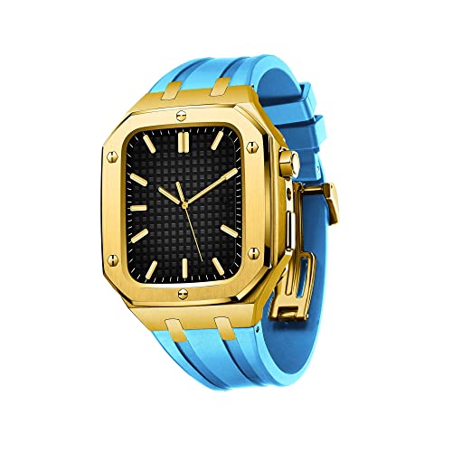 KANUZ Vollständige Abdeckung, Schutzhülle für Apple Watch, 45 mm, 44 mm, für Herren und Damen, Metall-Schutzhülle mit Silikonband, stoßfester Stoßfänger (Farbe: Goldblau, Größe: 44 mm für 6/5/4/SE) von KANUZ