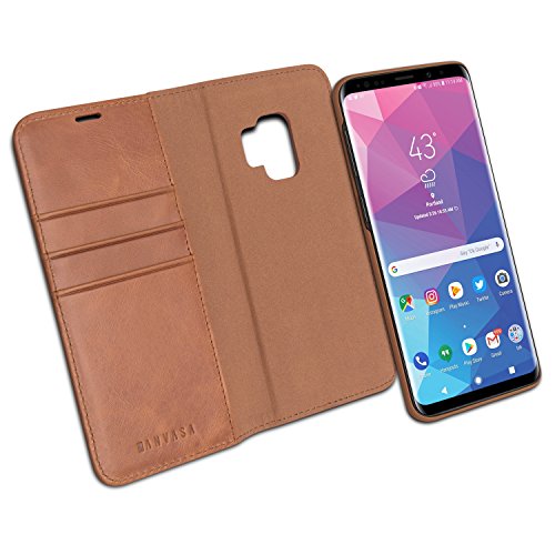 KANVASA Galaxy S9 Ledertasche 2 in 1 Lederhülle Braun Luxus Echtleder Hülle Leder Tasche Flip Cover Ledertasche für Original Samsung Galaxy S9 - Kabelloses Laden Qi mit Case möglich von KANVASA