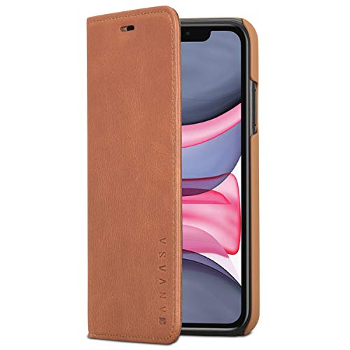 KANVASA Lederhülle iPhone 11 Leder Case Braun Ledertasche Pro Luxus Echtleder Hülle Tasche Flip Cover für das Original iPhone 11 (6,1 Zoll) - Schlankes Design mit Magnetverschluss von KANVASA