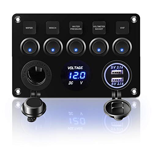 KAOLAI Schalter Panel 12V/24V 4.2A IP65 Wasserdicht Schalter Panel 12V Camper Dual-USB-Ladegerät LED Voltmeter Zigarettenanzünder 5 Kippschalter EIN/AUS für Boot Wohnmobil Fahrzeuge LKW von KAOLALI