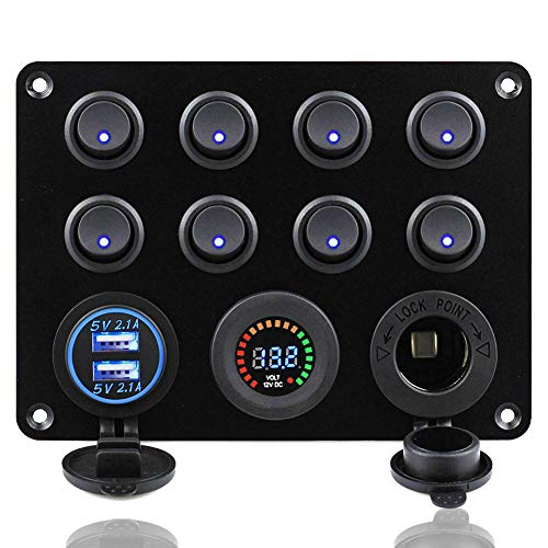 KAOLALI 12V/24V Schalter Panel, Dual-USB-Ladegerät LED Voltmeter Zigarettenanzünder 8 Kippschalter EIN/AUS 12V Panel Wohnmobil Boot Fahrzeuge LKW(Blau) von KAOLALI