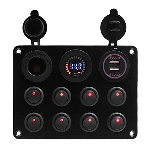 KAOLALI 12V/24V Schalter Panel, Dual-USB-Ladegerät LED Voltmeter Zigarettenanzünder 8 Kippschalter EIN/AUS 12V Panel Wohnmobil Boot Fahrzeuge LKW von KAOLALI