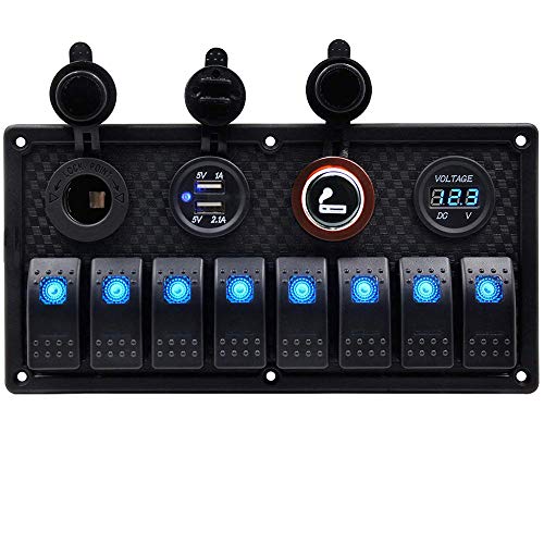 KAOLALI 12V/24V Schalter Panel Boot 8 Schaltern Kippschalter Panel Boote Zigarettenanzünder 12 V 3,1 A Doppel-USB-Ladegerät Blau Schalter für Wohnwagen,Boot,LKW,RV,KFZ von KAOLALI