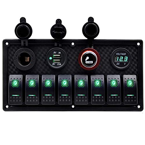 KAOLALI 12V/24V Schalter Panel Boot 8 Schaltern Kippschalter Panel Boote Zigarettenanzünder 12 V 3,1 A Doppel-USB-Ladegerät Grün Schalter für Wohnwagen,Boot,LKW,RV,KFZ von KAOLALI