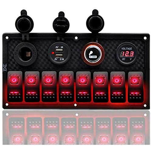 KAOLALI 12V/24V Schalter Panel Boot 8 Schaltern Kippschalter Panel Boote Zigarettenanzünder 12 V 3,1 A Doppel-USB-Ladegerät Rot Schalter für Wohnwagen,Boot,LKW,RV,KFZ von KAOLALI