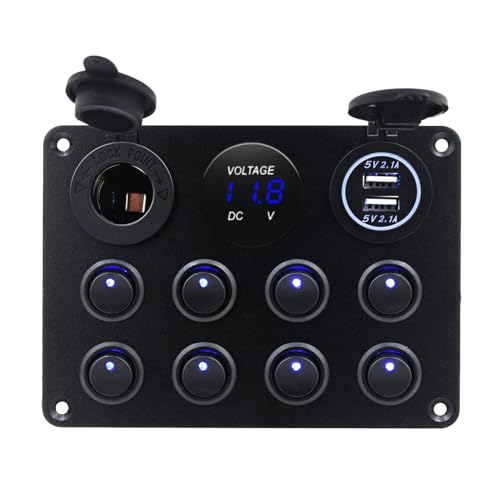 KAOLALI 8 Gang Kippschalter 12V/24V Wippschalter Panel mit USB-C, USB-Ladegerät + Feuerzeugsteckdose + Digitales Voltmeter, ON-Off Schalter Panel für Wohnmobile, Boote, Autos, Motorhaus (Blau LED) von KAOLALI