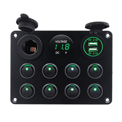 KAOLALI 8 Gang Kippschalter 12V/24V Wippschalter Panel mit USB-C, USB-Ladegerät + Feuerzeugsteckdose + Digitales Voltmeter, ON-Off Schalter Panel für Wohnmobile, Boote, Autos, Motorhaus (Grün LED) von KAOLALI