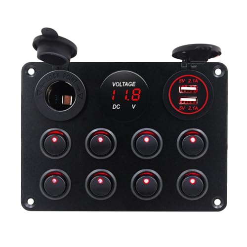 KAOLALI 8 Gang Kippschalter 12V/24V Wippschalter Panel mit USB-C, USB-Ladegerät + Feuerzeugsteckdose + Digitales Voltmeter, ON-Off Schalter Panel für Wohnmobile, Boote, Autos, Motorhaus (Rosa LED) von KAOLALI