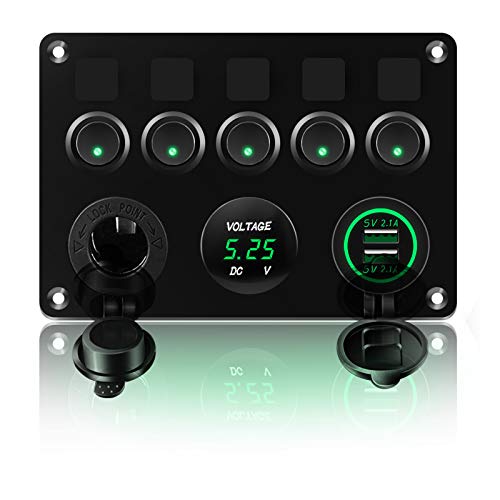 KAOLALI Schaltpanel 12V/24V Kippschalter 5 Gang IP65 Wasserdicht + 4.2A Dual USB Ladegerät + Zigarettenanzünder Buchse + LED Wippschalter für Boot Wohnmobil Auto Fahrzeuge LKW Yacht (Grün) von KAOLALI