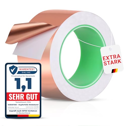 KARAFAKI® Kupferband 50mm x 20m – Hochwertiges, beidseitig leitfähiges und selbstklebendes Kupferfolie-Klebeband für EMI-Abschirmung, Erdung, Löten und wirksamen Schneckenschutz in Garten & Hochbeete von KARAFAKI