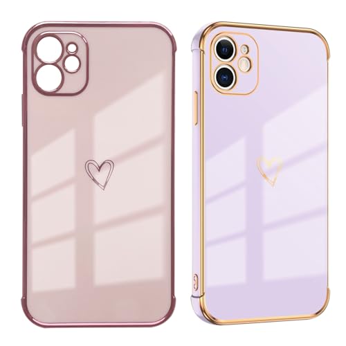 KARELIFE 2 Stück Handyhülle für iPhone 12 Hülle, Mädchen Liebe Herz Muster Galvanisierte Schutzhülle Dünn Weich TPU Stoßfest Case mit Kameraschutz - Rosa & Lila von KARELIFE