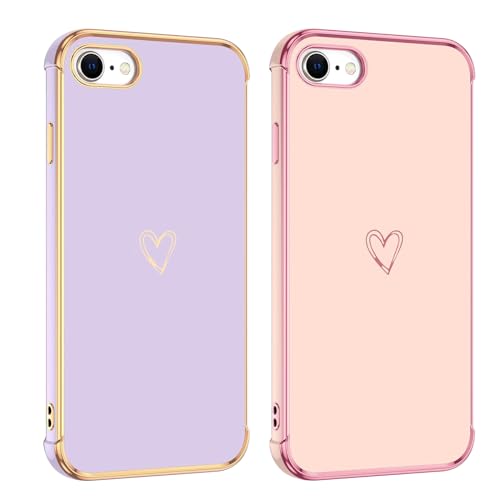 KARELIFE 2 Stück Handyhülle für iPhone 7 iPhone 8 Hülle iPhone SE 2020/2023, Mädchen Liebe Herz Muster Galvanisierte Schutzhülle Dünn Weich TPU Stoßfest Case mit Kameraschutz - Rosa & Lila von KARELIFE