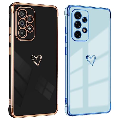 KARELIFE 2 Stück für Samsung Galaxy A52s 5G Hülle Herz, Handyhülle Samsung A52 4G/5G Mädchen Liebeherz Galvanisierte Schutzhülle Weich TPU Stoßfest Case Dünn mit Kameraschutz - Schwarz & Blau von KARELIFE