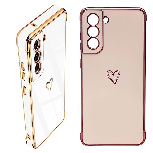 KARELIFE 2 Stück für Samsung Galaxy S21 FE 5G Hülle Herz, Handyhülle Mädchen Liebe Muster Galvanisierte Schutzhülle Kameraschutz Weich TPU Silikon Stoßfest Bumper Dünn - Weiß & Rosa von KARELIFE