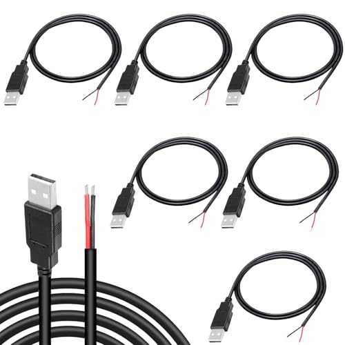 KARELLS USB Pigtail 6 Stück,2 adriges USB 2.0-Kabel,2-poliger blanker Draht mit offenem Ende,0,3 m langes Steckerkabel,Stecker Stromkabel,Verlängerungskabel,Stromladekabel,Ersatzkabel von KARELLS