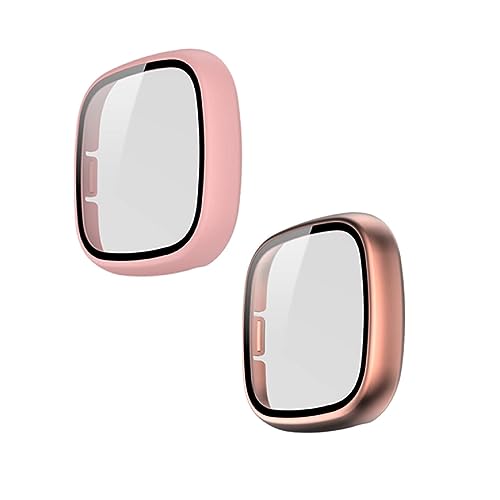 2 Stücke Hülle mit Glas Displayschutz Kompatibel mit Fitbit Sense - Hart PC Schutzhülle Vollschutz Kratzfest Display Schutzfolie Ultradünne Schutz Case für Fitbit Sense (Rosa+Roségold) von KAREN66