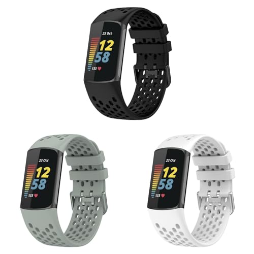 3 Stück Armbänder Kompatibel mit Fitbit Charge 6 Armband, Atmungsaktives Sportarmband aus Silikon, verstellbar, für Fitbit Charge 6, für Damen und Herren (Schwarz+Grau+Weiß) von KAREN66