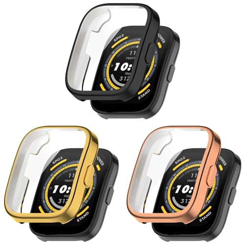 3 Stück Schutzhülle Kompatibel mit Amazfit Bip 5, Flexibles TPU Vollschutz mit Displayschutzfolie Kratzfest Displayschutz Schutz Hülle für Amazfit Bip 5 Smartwatch (Gold+Rose Gold+Black, One Size) von KAREN66