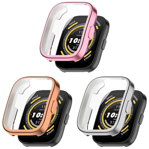 3 Stück Schutzhülle Kompatibel mit Amazfit Bip 5, Flexibles TPU Vollschutz mit Displayschutzfolie Kratzfest Displayschutz Schutz Hülle für Amazfit Bip 5 Smartwatch (Rose Gold+Pink+Silver, One Size) von KAREN66