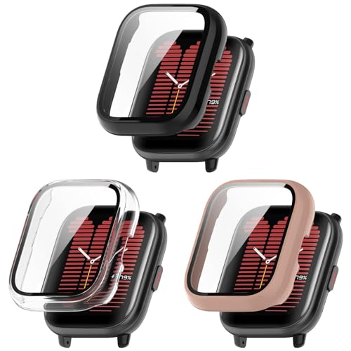 Hülle Kompatibel mit Amazfit Active mit Glas Displayschutz, 3 Stück Hart PC Schutz Hülle Vollschutz Kratzfest Display Schutzfolie Ultradünne Schutz Case für Amazfit Active Smartwatch (3Pack-02) von KAREN66