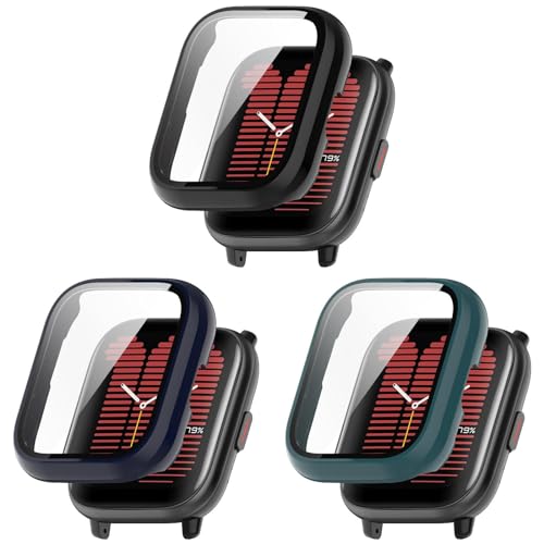 Hülle Kompatibel mit Amazfit Active mit Glas Displayschutz, 3 Stück Hart PC Schutz Hülle Vollschutz Kratzfest Display Schutzfolie Ultradünne Schutz Case für Amazfit Active Smartwatch (3Pack-04) von KAREN66