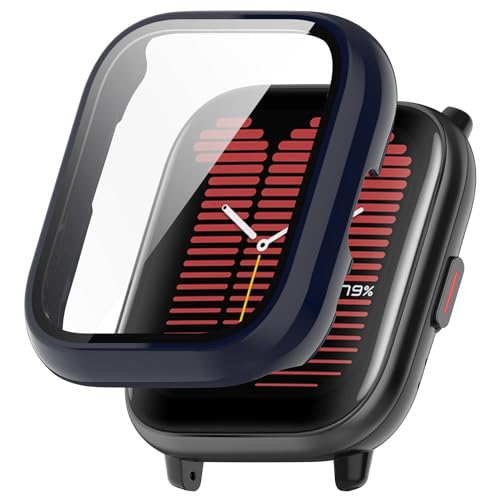 Hülle Kompatibel mit Amazfit Active mit Glas Displayschutz, Hart PC Schutz Hülle Vollschutz Kratzfest Display Schutzfolie Ultradünne Schutzhülle für Amazfit Active Smartwatch Case (Blau) von KAREN66