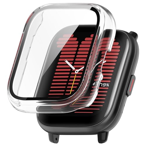 Hülle Kompatibel mit Amazfit Active mit Glas Displayschutz, Hart PC Schutz Hülle Vollschutz Kratzfest Display Schutzfolie Ultradünne Schutzhülle für Amazfit Active Smartwatch Case (Klar) von KAREN66