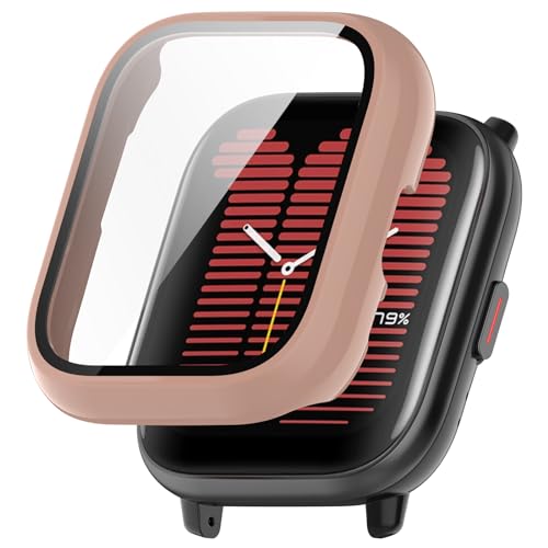 Hülle Kompatibel mit Amazfit Active mit Glas Displayschutz, Hart PC Schutz Hülle Vollschutz Kratzfest Display Schutzfolie Ultradünne Schutzhülle für Amazfit Active Smartwatch Case (Rosa) von KAREN66