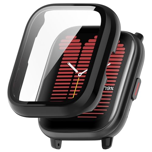 Hülle Kompatibel mit Amazfit Active mit Glas Displayschutz, Hart PC Schutz Hülle Vollschutz Kratzfest Display Schutzfolie Ultradünne Schutzhülle für Amazfit Active Smartwatch Case (Schwarz) von KAREN66