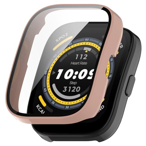 Hülle mit Glas Displayschutz Kompatibel mit Amazfit Bip 5 Smartwatch - Hart PC Schutzhülle Vollschutz Kratzfest Display Schutzfolie Ultradünne Schutz Case für Amazfit Bip 5 (Rosa) von KAREN66