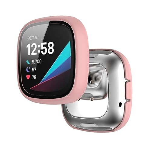 Hülle mit Glas Displayschutz Kompatibel mit Fitbit Sense/Versa 3 Smartwatch - Hart PC Schutzhülle Vollschutz Kratzfest Display Schutzfolie Ultradünne Schutz Case für Fitbit Sense/Versa 3 (Rosa) von KAREN66