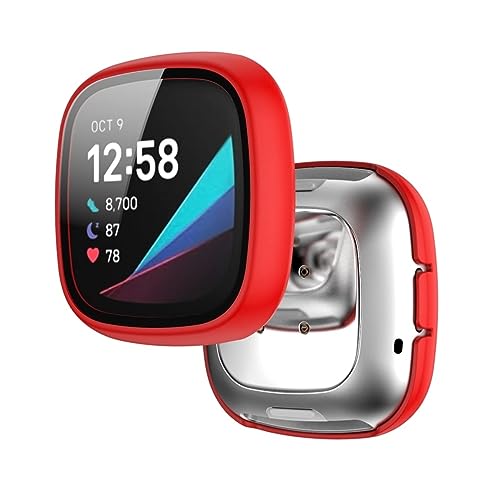 Hülle mit Glas Displayschutz Kompatibel mit Fitbit Sense/Versa 3 Smartwatch - Hart PC Schutzhülle Vollschutz Kratzfest Display Schutzfolie Ultradünne Schutz Case für Fitbit Sense/Versa 3 (Rot) von KAREN66