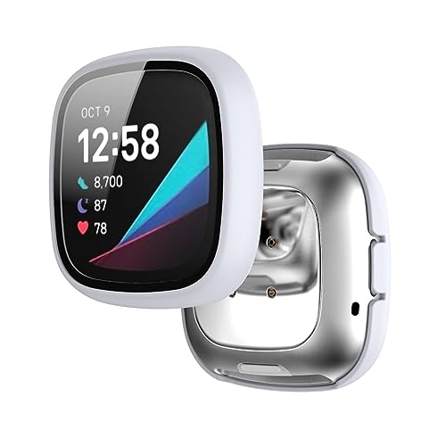 Hülle mit Glas Displayschutz Kompatibel mit Fitbit Sense/Versa 3 Smartwatch - Hart PC Schutzhülle Vollschutz Kratzfest Display Schutzfolie Ultradünne Schutz Case für Fitbit Sense/Versa 3 (Weiß) von KAREN66